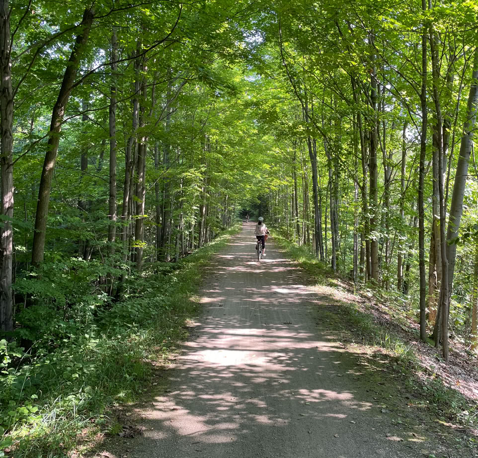 Woman cycling thorugh forested section on the Elora Cataract Trailway between the Shand Dam and Belwood ON