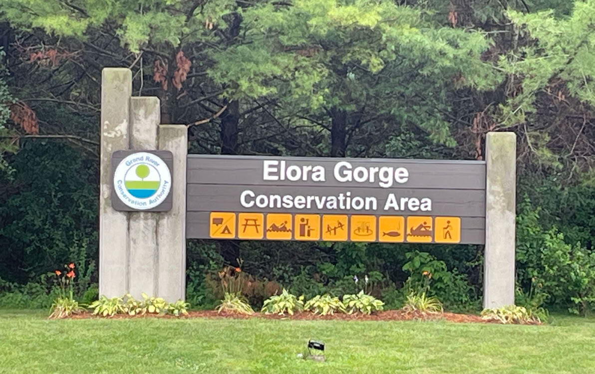 Photo of the main entrnace sign for the Elora Gorge Conservation Area