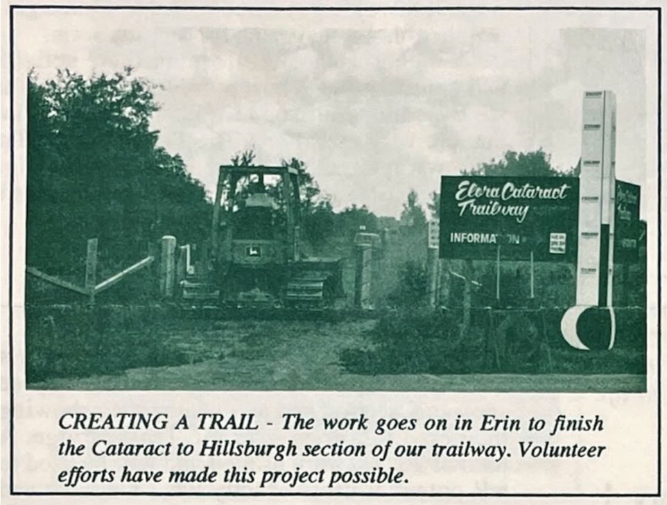 Newspaper photo of bulldozer levelling Elora Cataract Trailway 