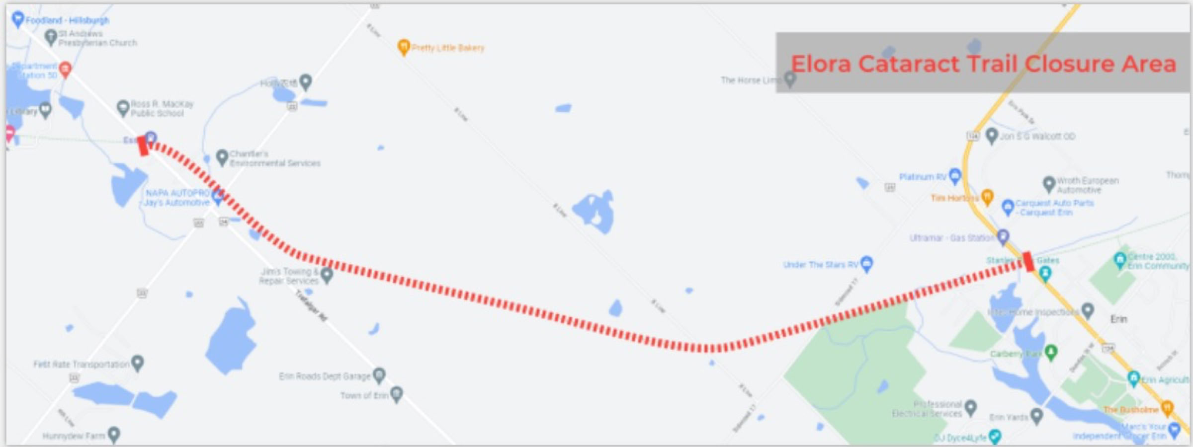Map showing the section of Elora Cataract Trailway closed duirng sewer construction