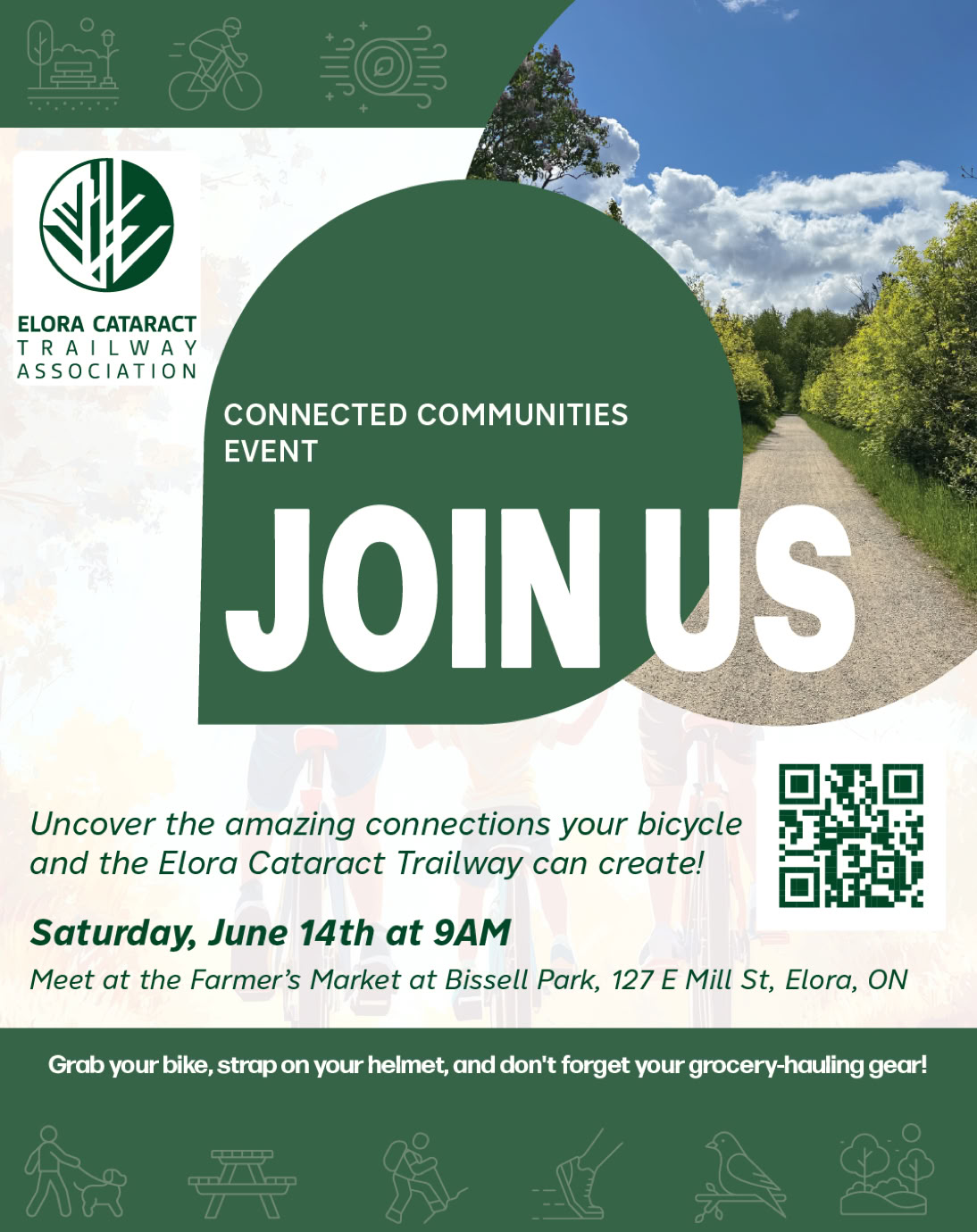 Poster for June 14 2025 Connected Comunities event shopping by bicycle.