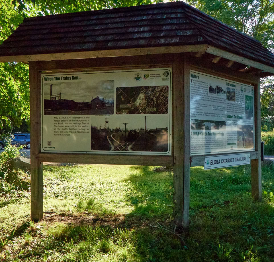 Elora Cataract Trailway kiosk at Beatty LIne in Fergus