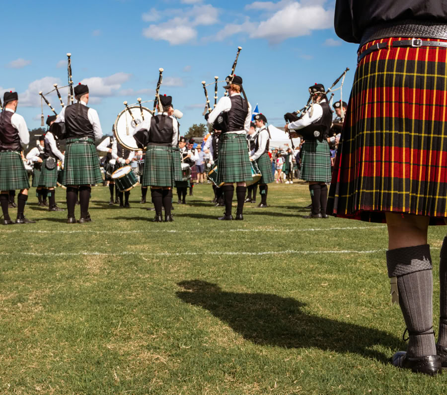Massed pipes and drums at Fergus Highland Games