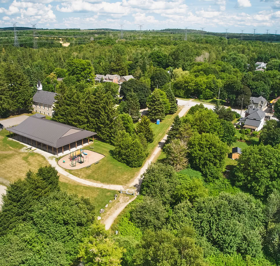 Aerial view of Orton Community Association main building, picnic shelter and playground.