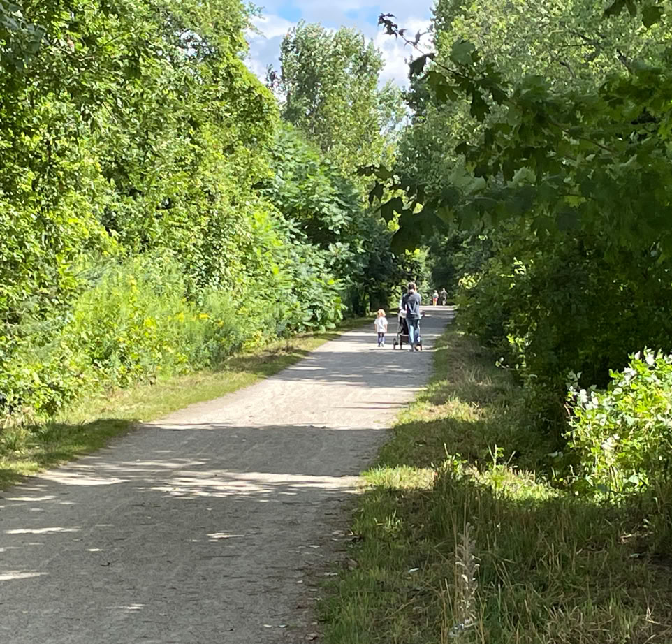 Picture of woman pushing a stroller, accompanied by a young child on the Elora Cataract Trailway in Fergus ON.