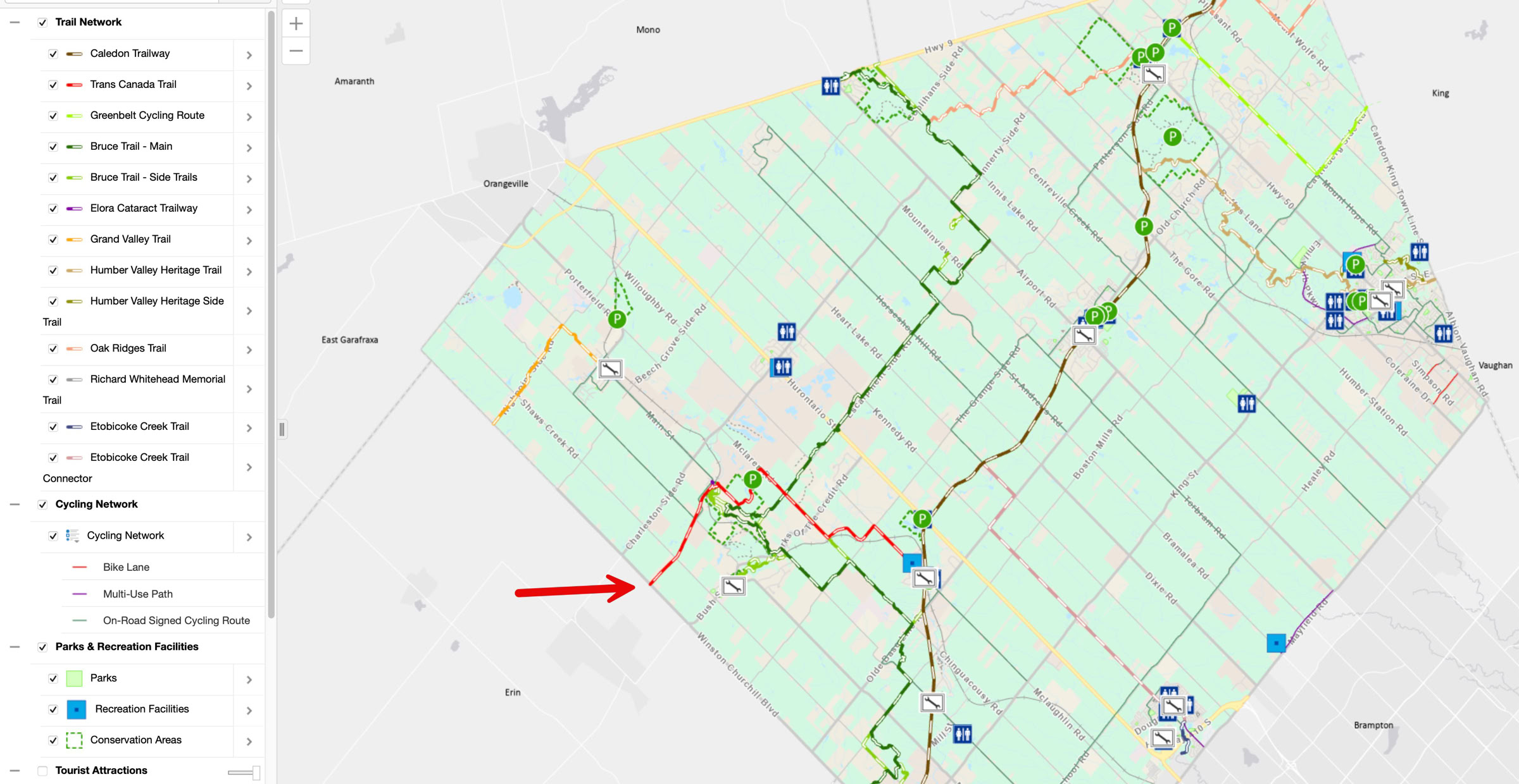 Map showing locations of various trails in Caledon that link to the Elora Cataract Trailway