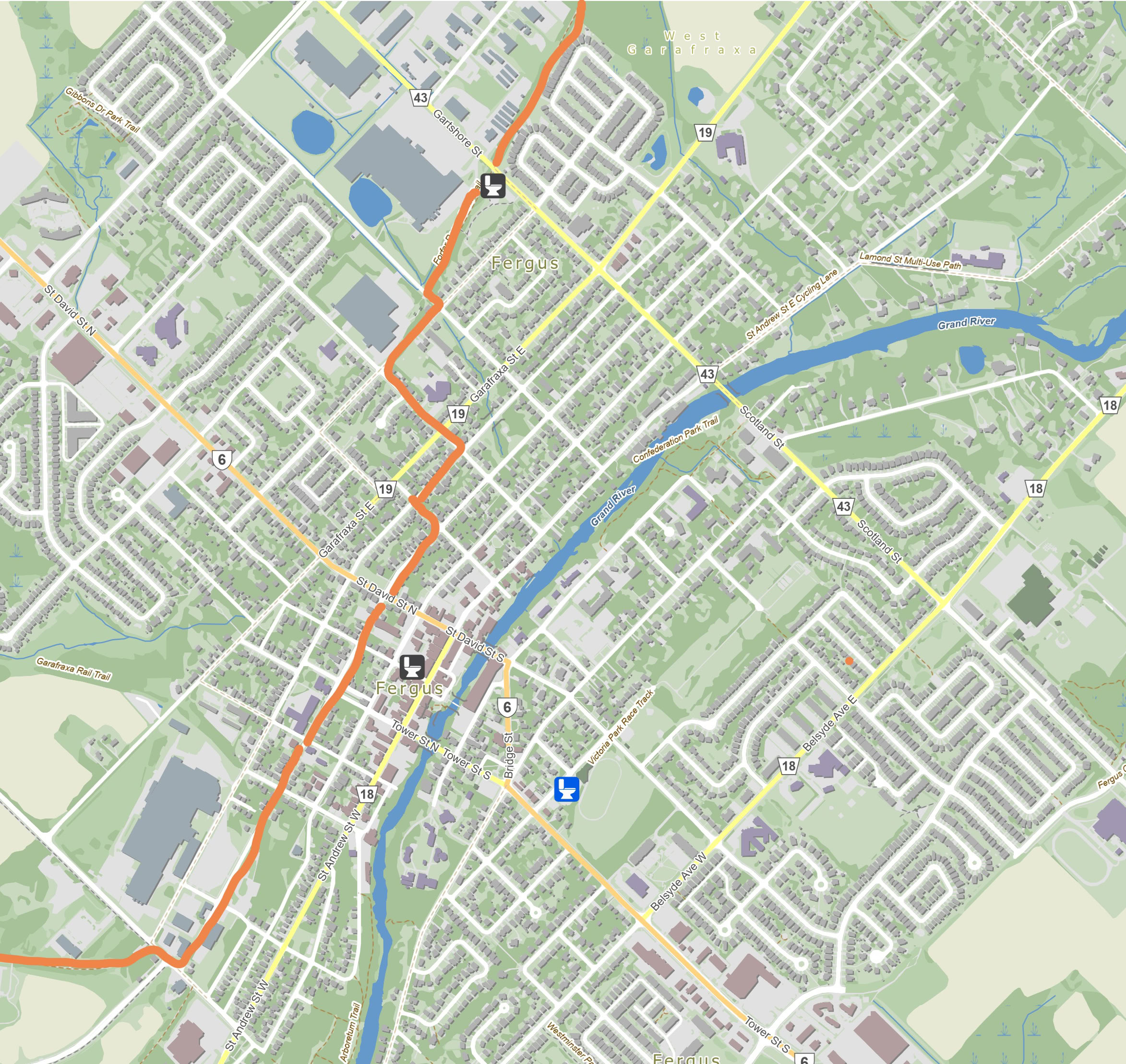 Map showing the Elora Cataract Trailway route through Fergus ON 