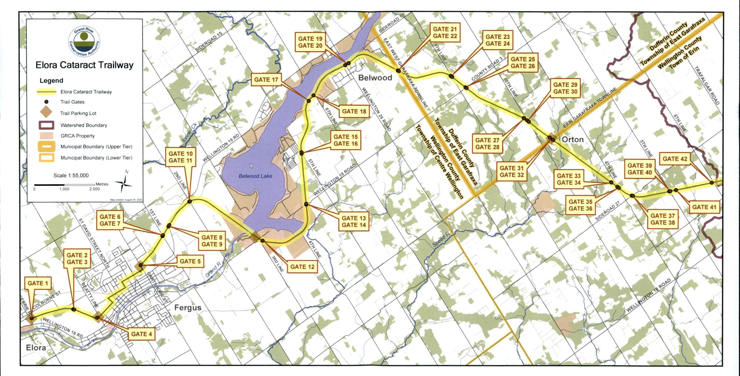 GRCA Map identifying their gate locations along the Elora Cataract Trailway