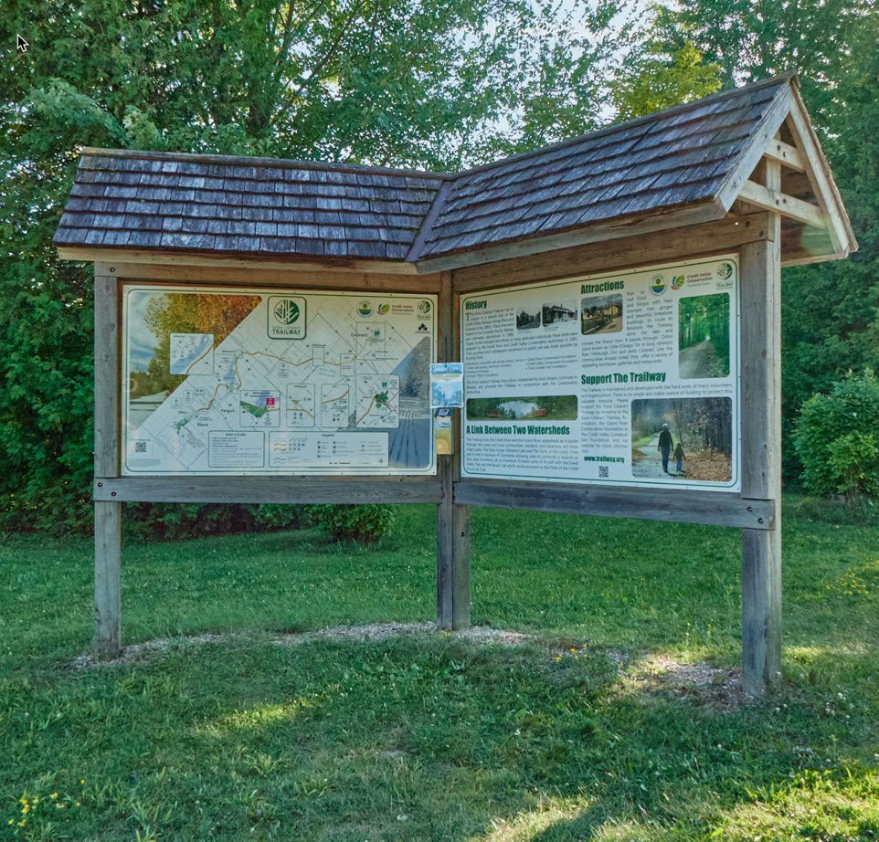 Elora Cataract Trailway kiosk at Lake Belwood