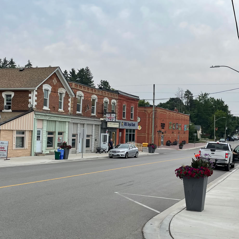 View of downtown shops in Hillsburgh, Ontario, Canada.