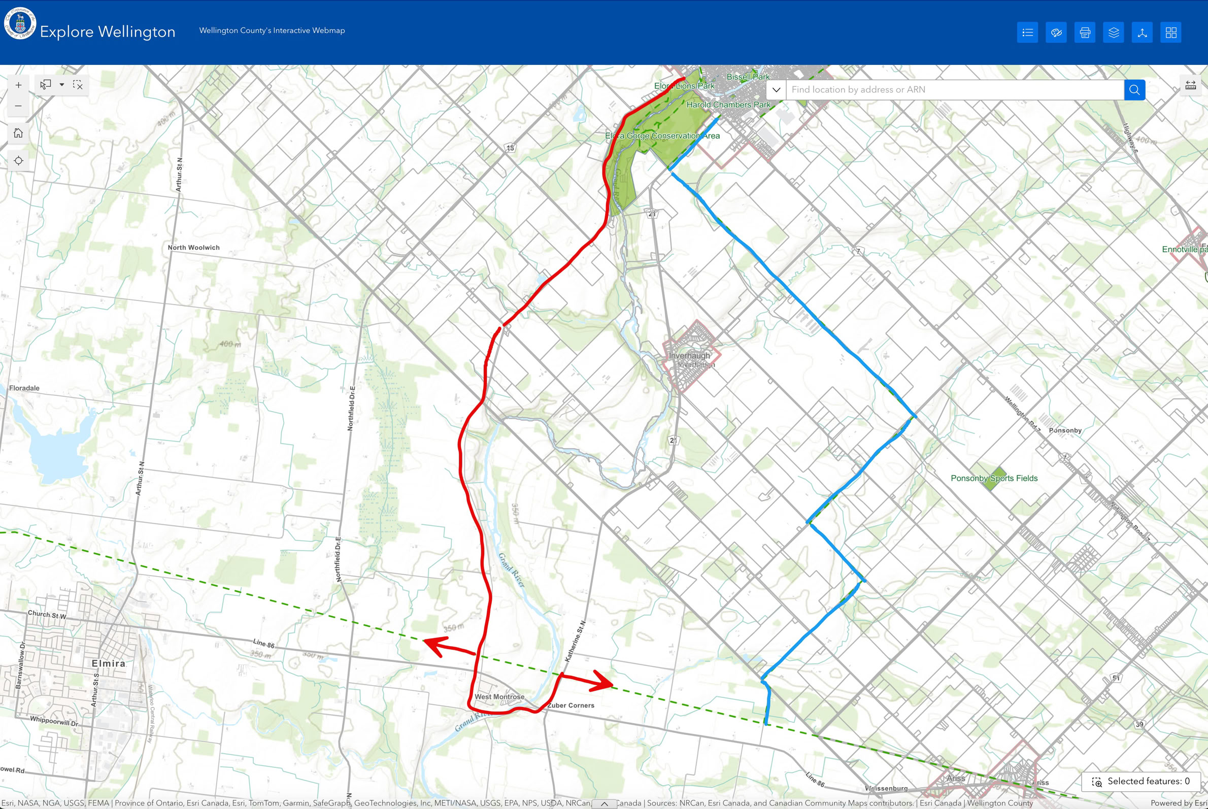 Map showing routes connecting the Elora Cataract Trailway with the G2G Trailway,Cottaintail Road trail and Kissing Bridge Trailway