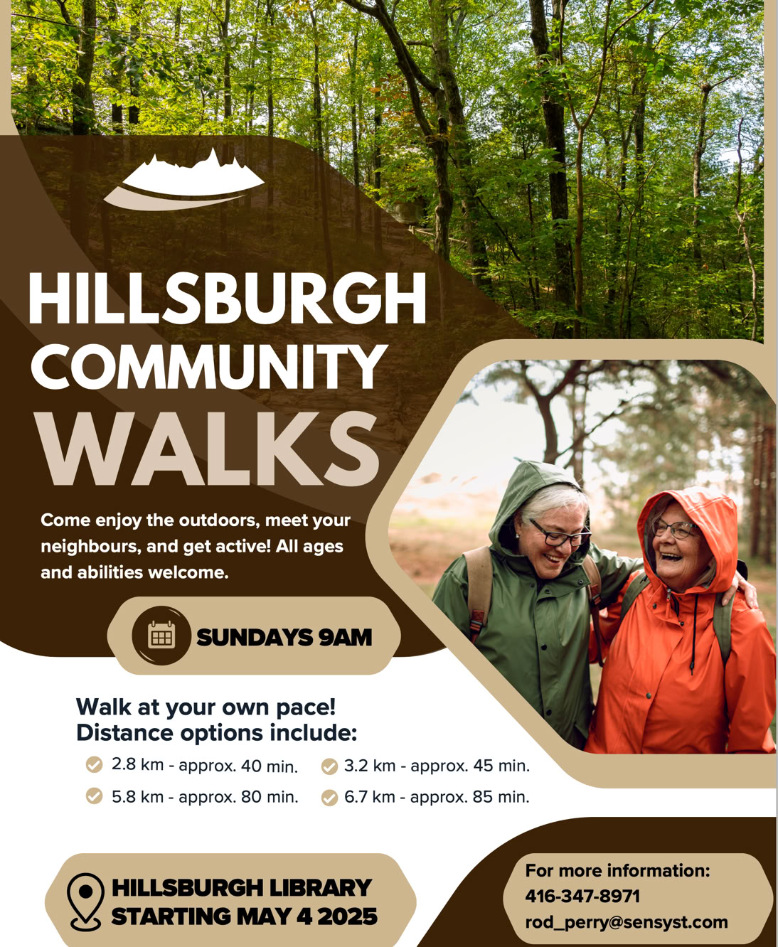 HIllsburgh Community Walks poster advertising weekly Sunday morning walks at 9:00 am