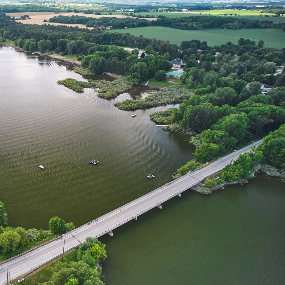 An aerial view of Lake Belwood and the village of Belwood on the north shore.