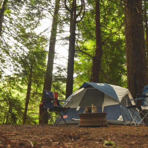 Campsite in amogst the trees, consisting of chairs, fire pit and tent.