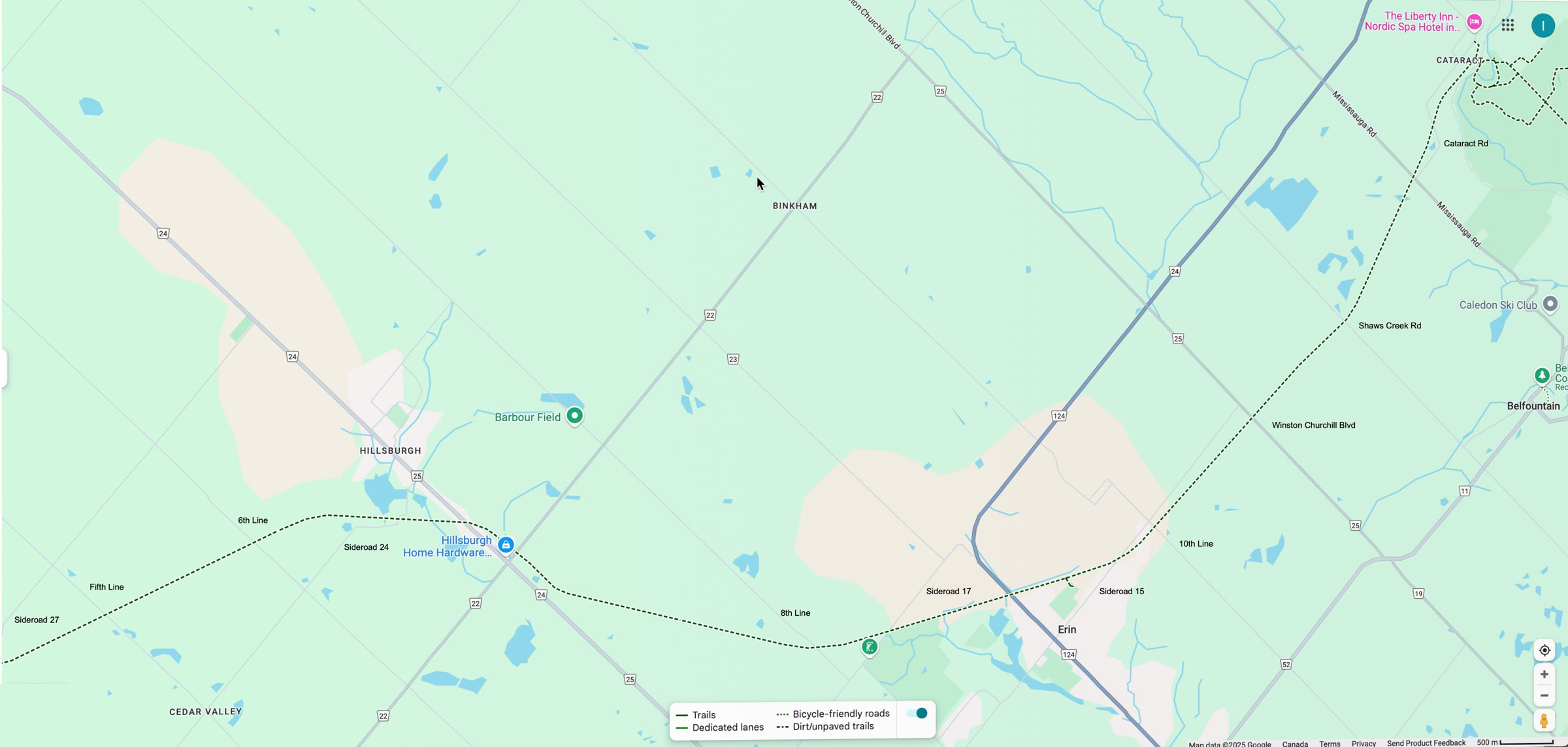 Map showing road names intersecting the Elora Cataract Trailway along the CVC section