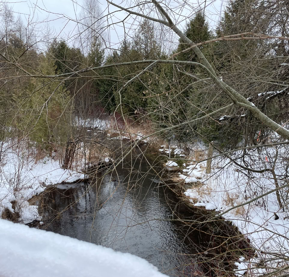 Winter view of Credit River flowing underneath the Elora Ctaract Trailway in Hillsburgh ON